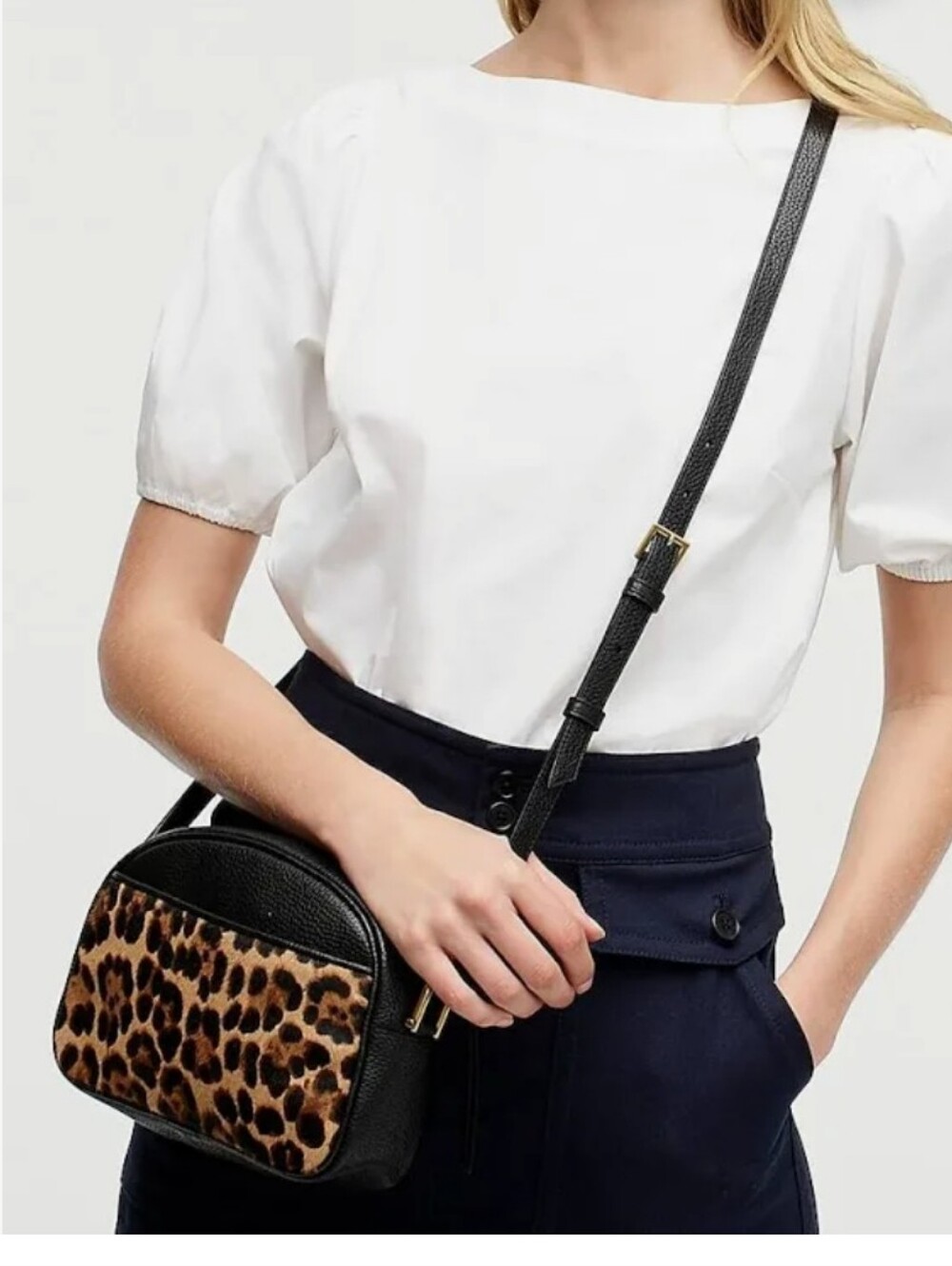 J. Crew Devon Camera Bag in Leather with Leopard Calf Hair